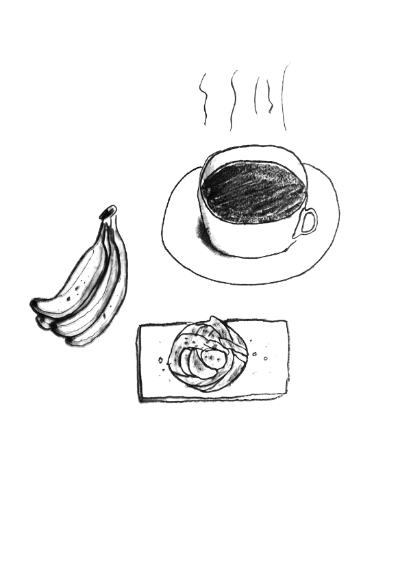 Illustration of coffee and a bun, and some bananas.
