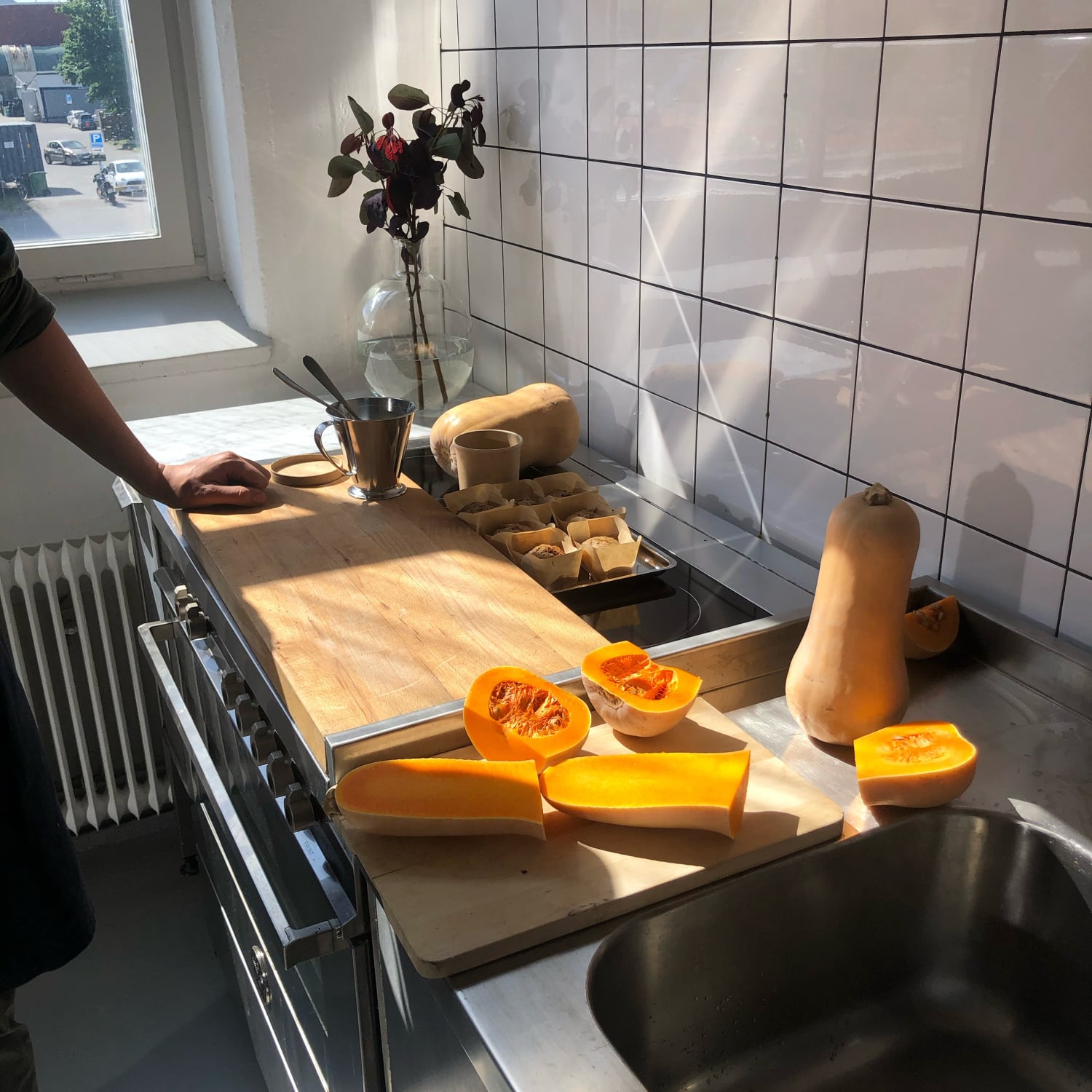 Chopped up butternut squash on a kitchen counter.