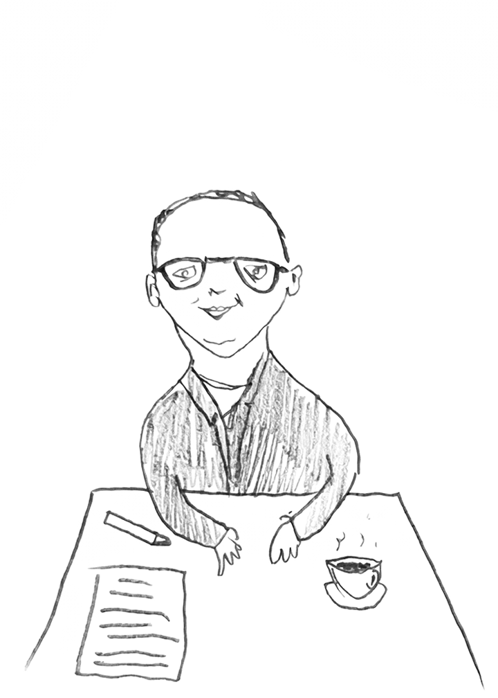 Illustration of a person seated at a desk with papers and a coffee cup.
