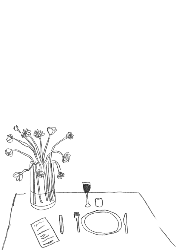 Illustration of flowers on a set table