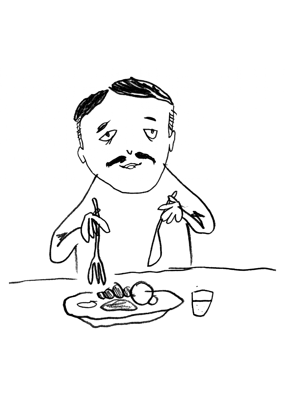 Illustration of a person eating a meal at a table.